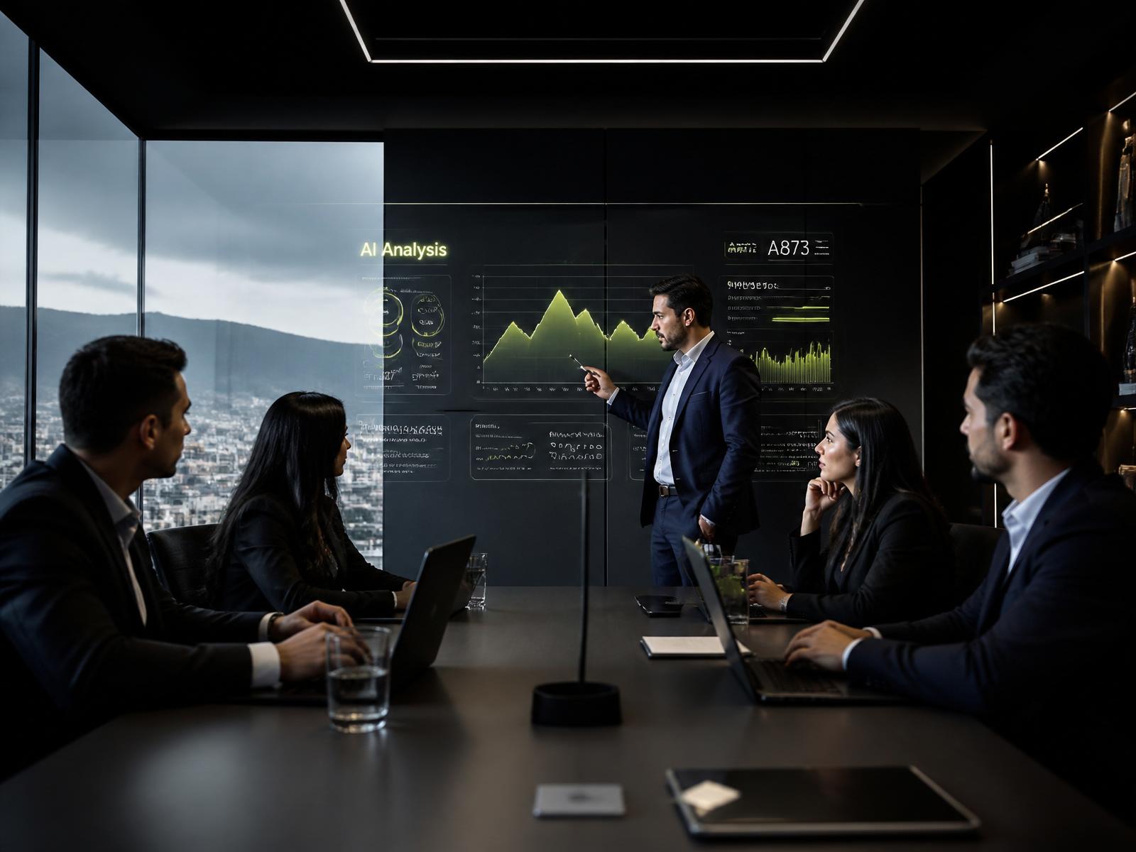 Equipo directivo latinoamericano en reunión estratégica con inteligencia artificial